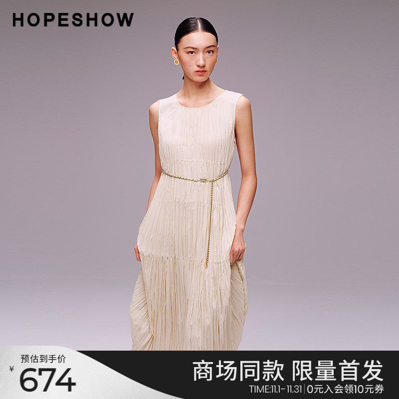 红袖商场同款HOPESHOW2025秋新款女装不规则压皱无袖圆领连衣裙