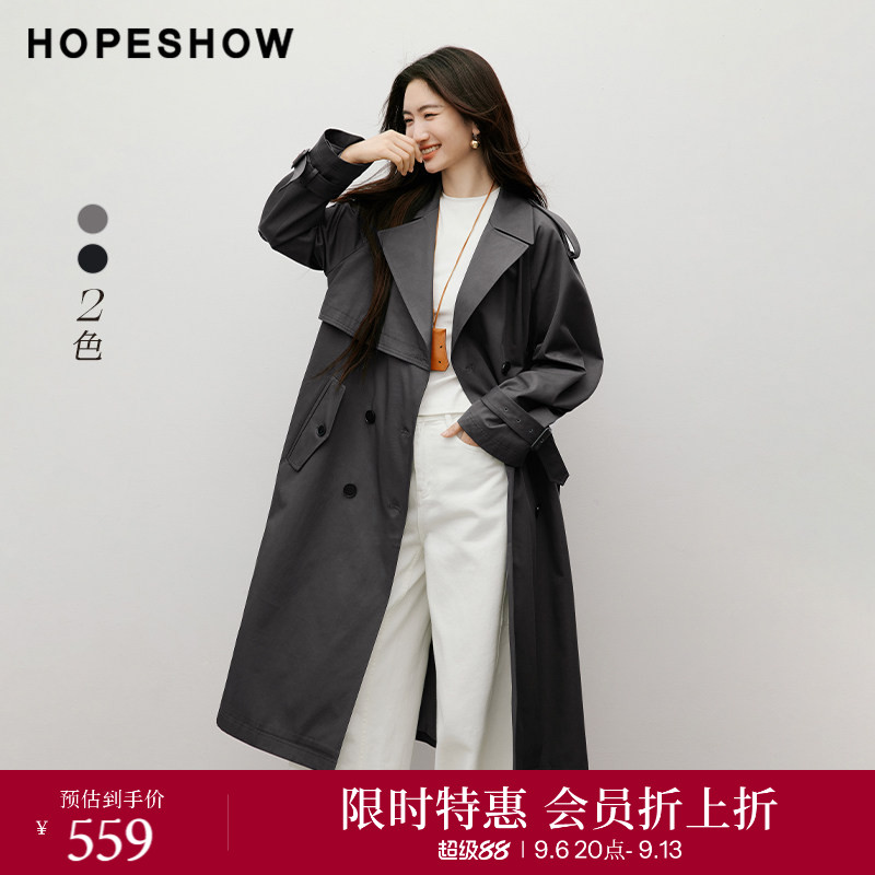 【会员专享】红袖2025秋新款女装系带双排扣插肩袖翻驳领风衣外套图片