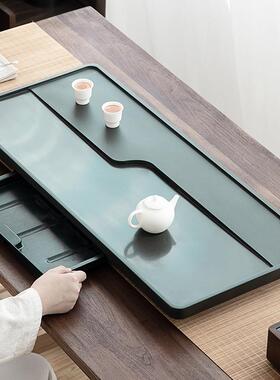 天罗绿石茶盘家用天然乌金石头茶台办公送礼石材排水茶海功夫托盘