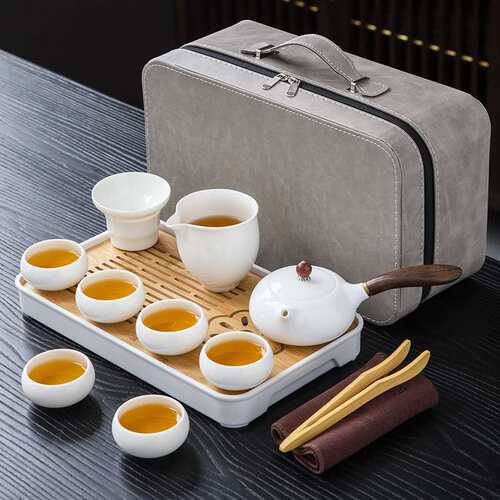 羊脂玉瓷便携式旅行茶具套装一壶六杯户外露营功夫泡茶装备侧把壶