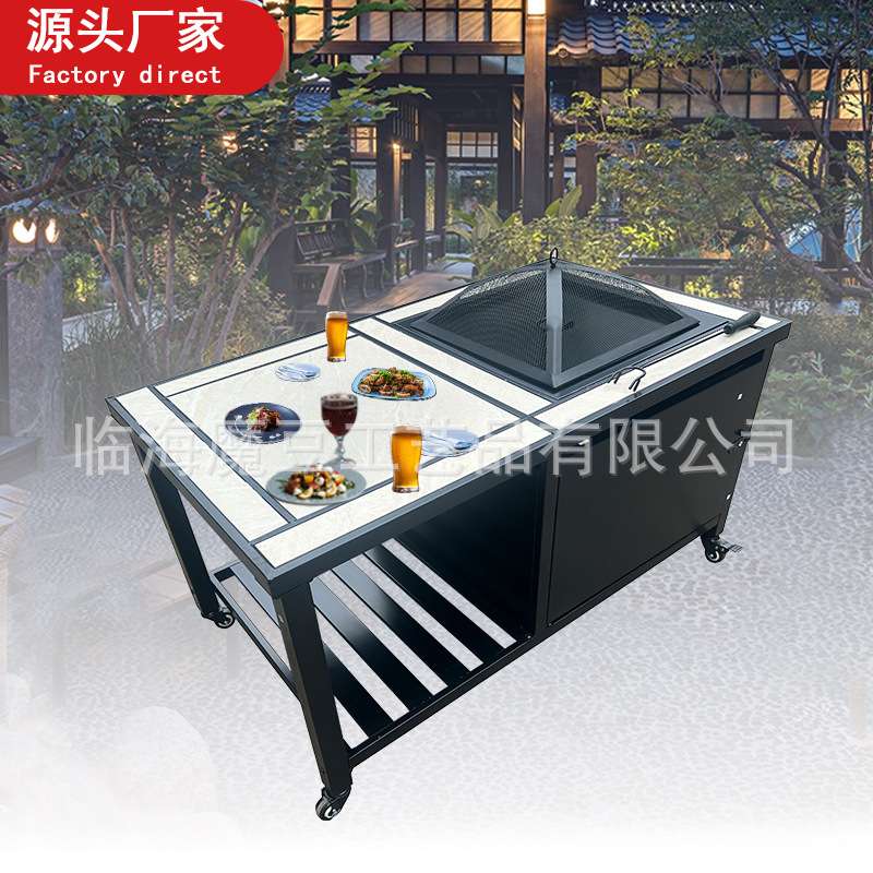 豪华室外家庭户外烧烤家用柴火炭火取暖庭院带轮烧烤车BBQ餐车推