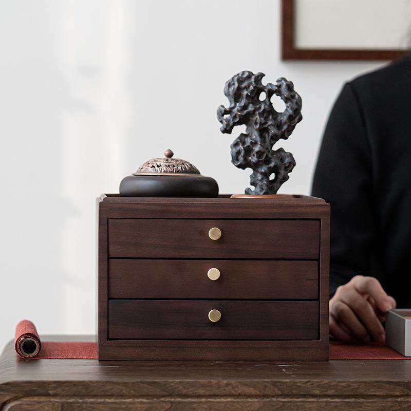 胡桃实木普洱茶饼盒家用中式多层可叠加抽屉式收纳盒撬茶分茶盘