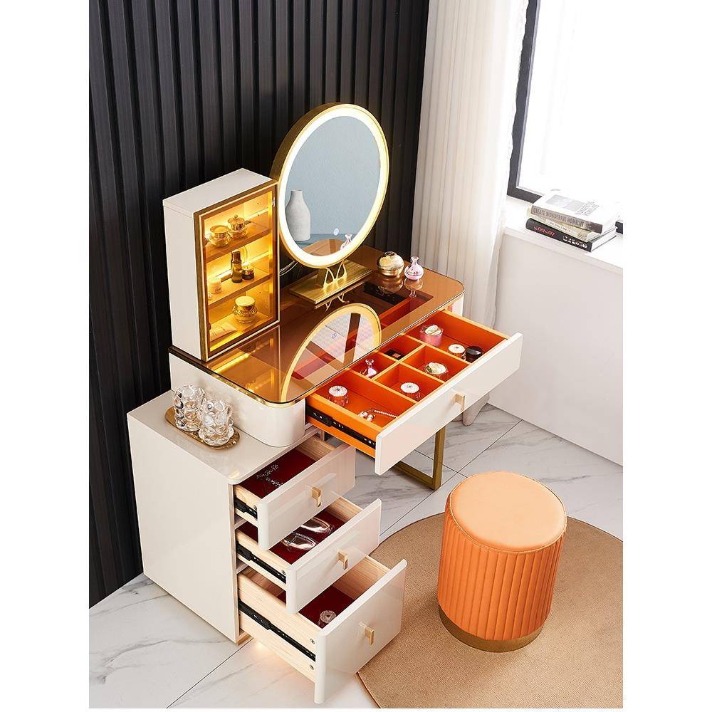 轻奢梳妆台卧室现代简约钢化玻璃实木化妆桌2023新款带灯柜包安装