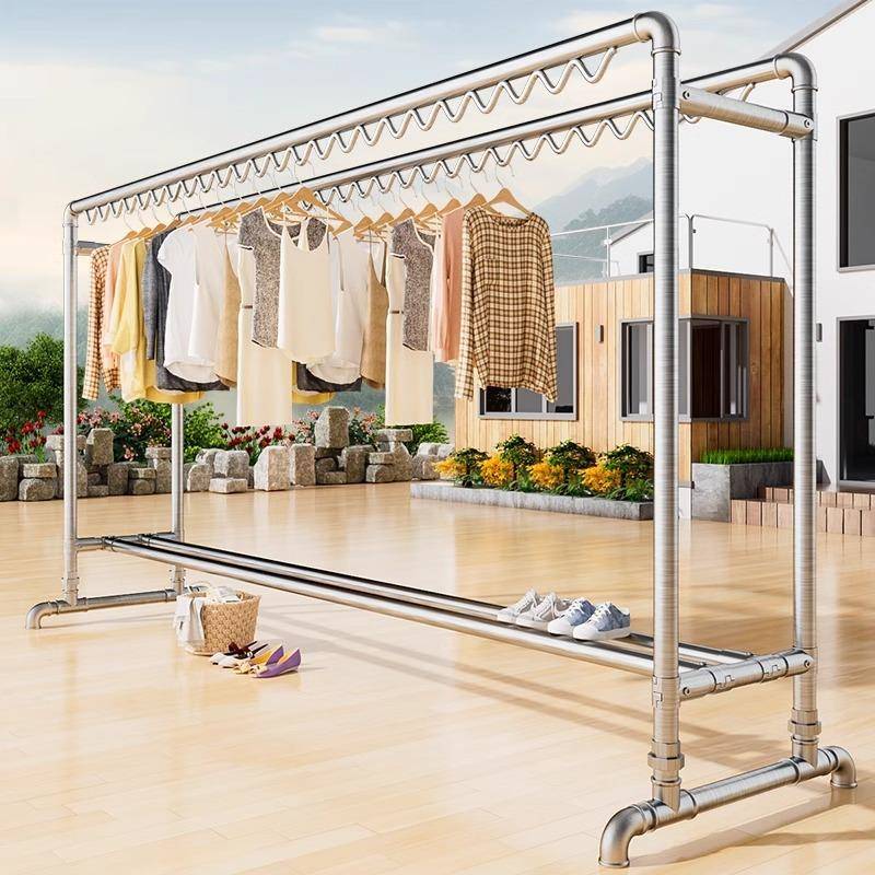 供应简易镀锌钢管落地晾衣杆家用阳台晒被架子室外双杆晾衣架