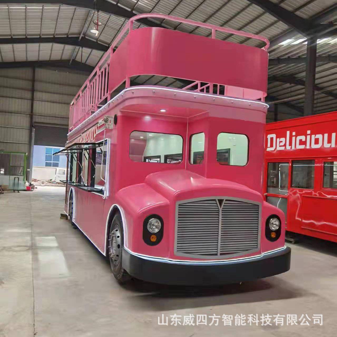 网红景区商业美食街景售卖奶茶餐饮车双层复古巴士车模型摄影道具