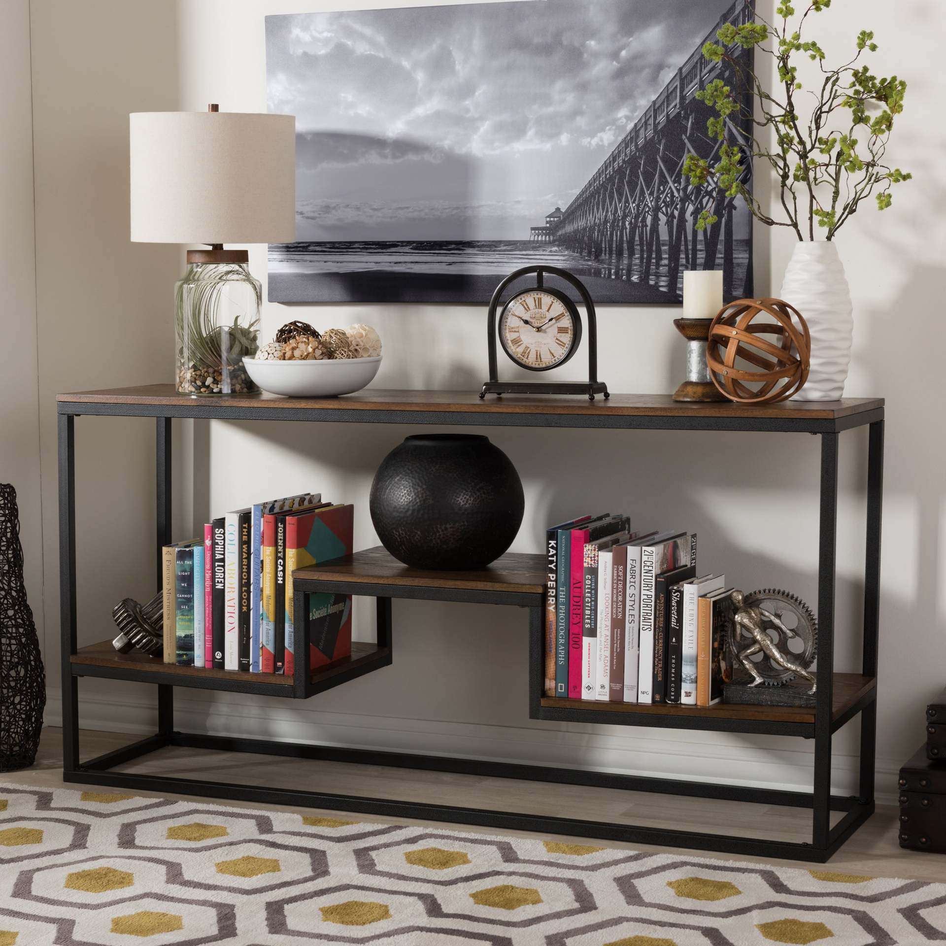 新中式实木桌简约家居客厅控制台卧室阳台简易花盆架子置物架