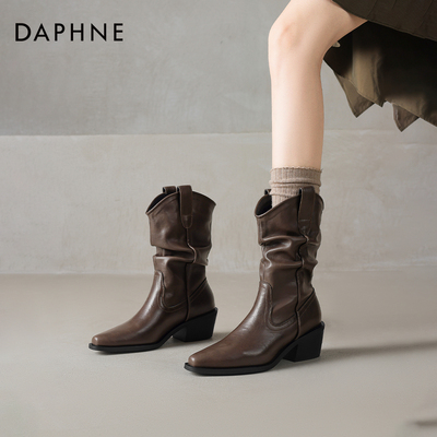 达芙妮棕色短靴女堆堆尖头骑士靴