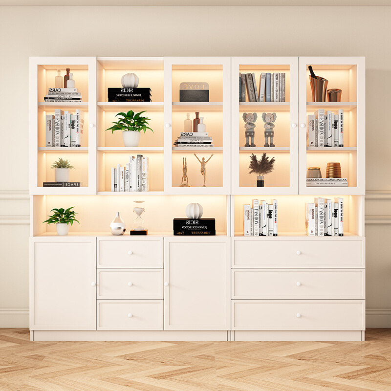 实木书柜约家用置物柜客厅展示柜带玻璃门落地定制组合书架