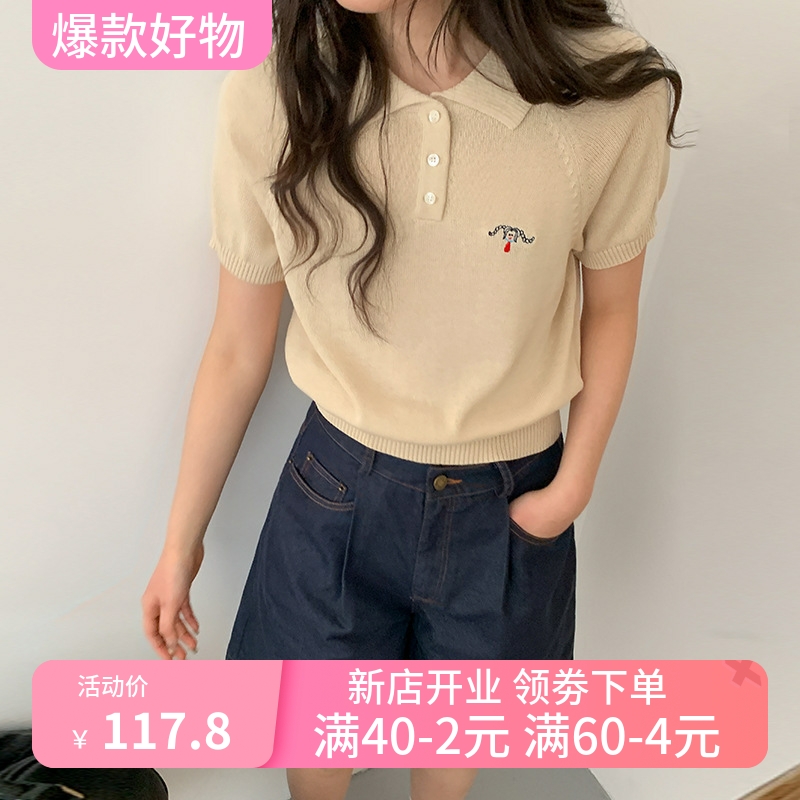 MOXI十三行女装2025春夏季新款短袖针织衫女韩版刺绣POLO衫上衣女