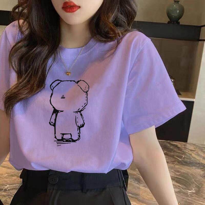 韩国RBV纯棉圆领袖短T恤女夏短款韩版T宽松半袖小熊上紫衣色百搭