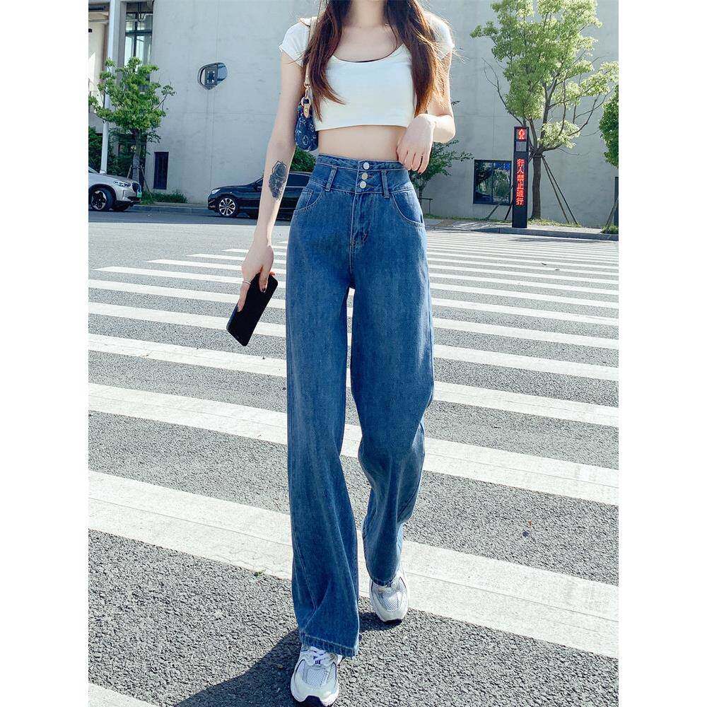 高腰直筒牛仔裤子女秋夏拖季202T5460春新款显5瘦阔腿裤小个子地