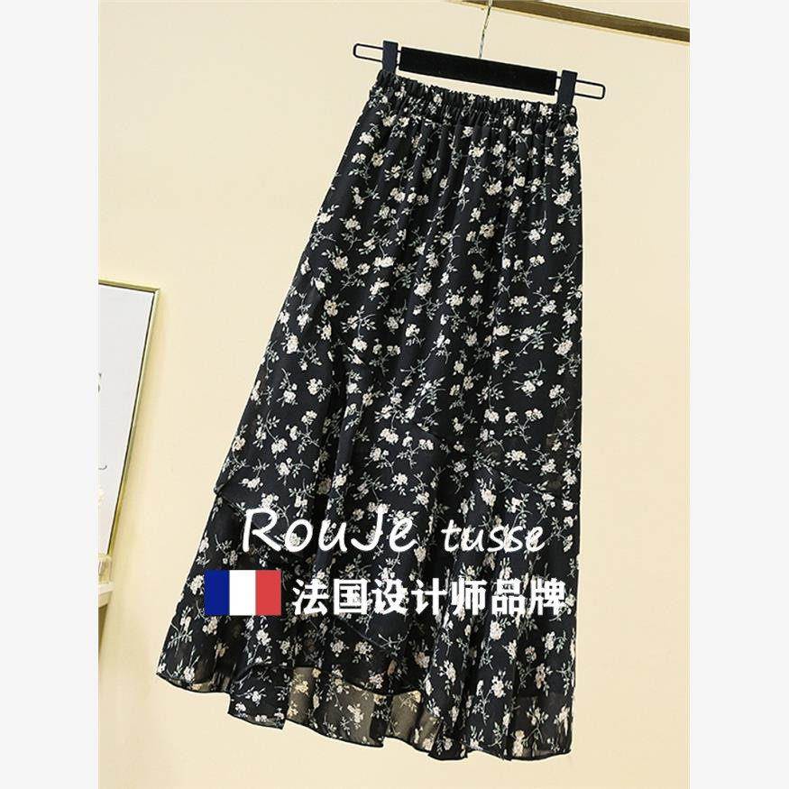 法瘦国Rouje tusse裙高66891183腰遮碎胯显A字裙秋季胖mm百搭雪纺