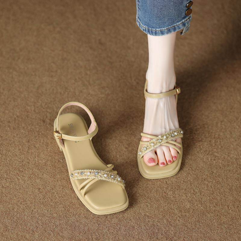 小丸子 软底不累脚一字带凉鞋女2024夏季款仙女风真皮外穿平底鞋