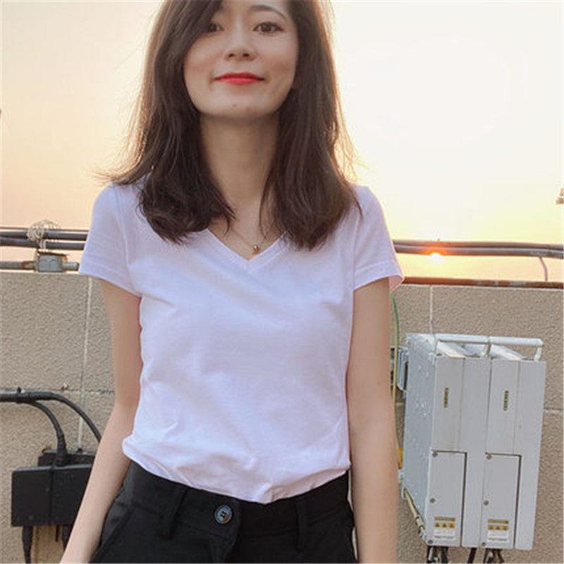国2026春夏新潮网红V短袖T女宽松韩版修身港恤风大领韩WL0030尺码