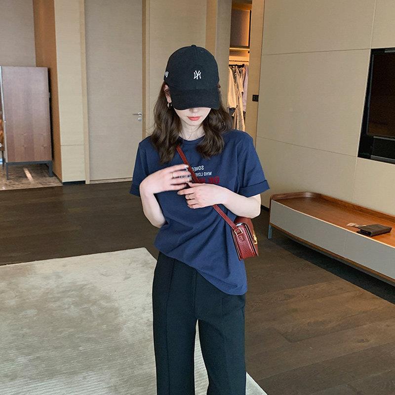 韩国2026春夏新蓝色短风袖t恤n女20214307宽松韩港chic打底上衣潮