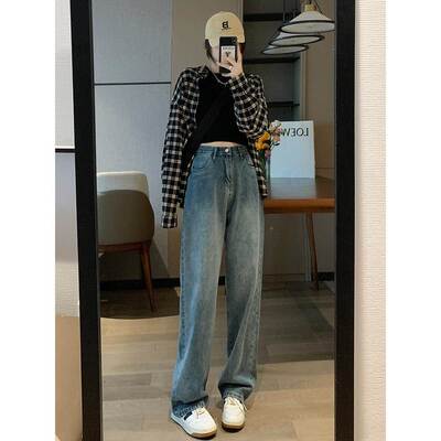 高腰直瘦筒牛2仔裤腿女206夏季新款复古百搭显阔裤韩版拖地T5521