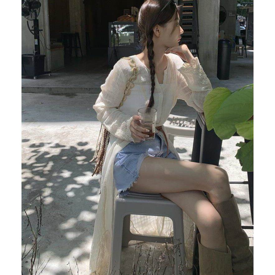20款2VTE搭4新甜美设计感杏色中长款连防衣裙长裙女薄款外晒开衫