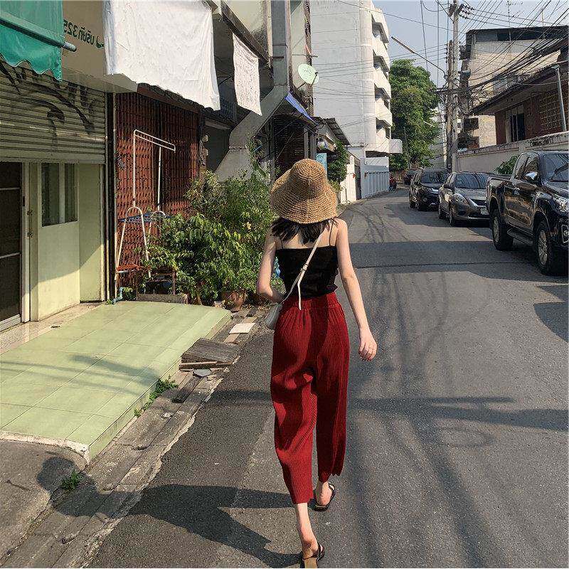 国春夏高腰垂宽韩20221492松直筒百褶玫红阔腿裤潮小感子个九分休