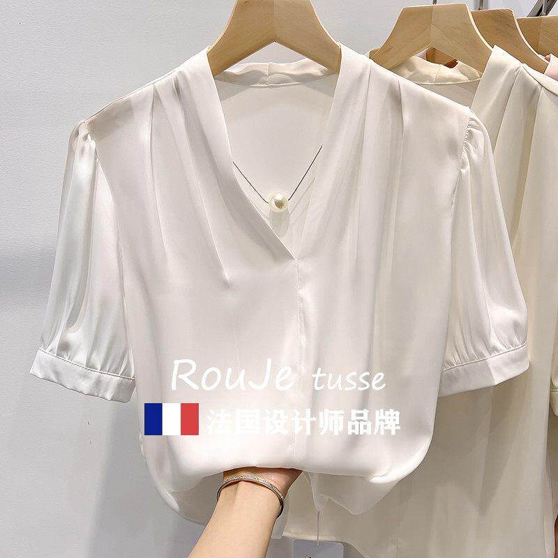 法s国Rouje tuse韩国72352022链V领珍珠条纯色头短袖雪纺衬衫女套