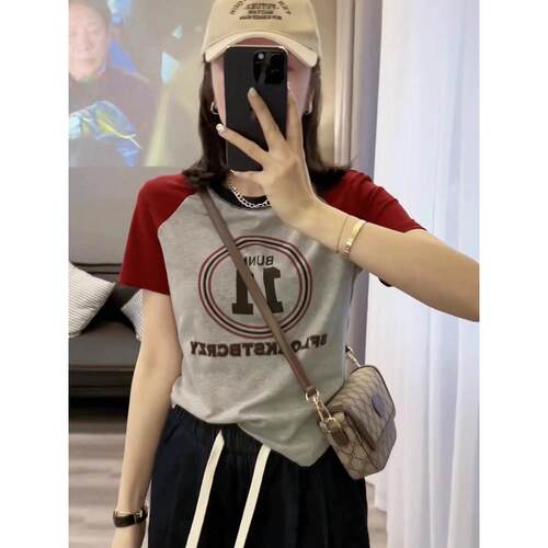 色正肩短撞袖tL35007F女士025夏季新款时髦修身短款恤印花圆2领体