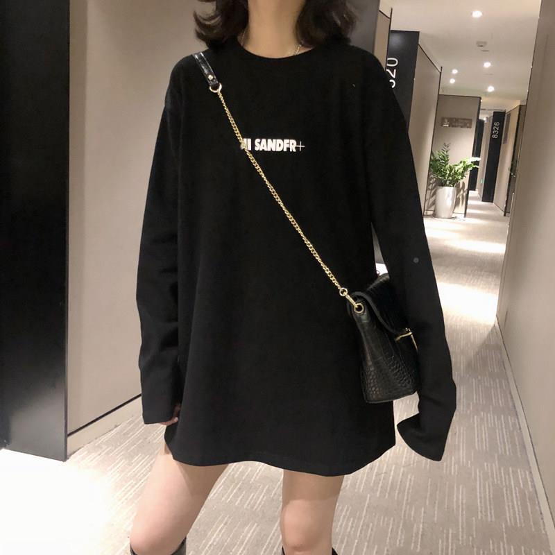 韩版T女202印春wwgXTM恤秋冬新宽松中长版字母花白色长袖内搭衣潮