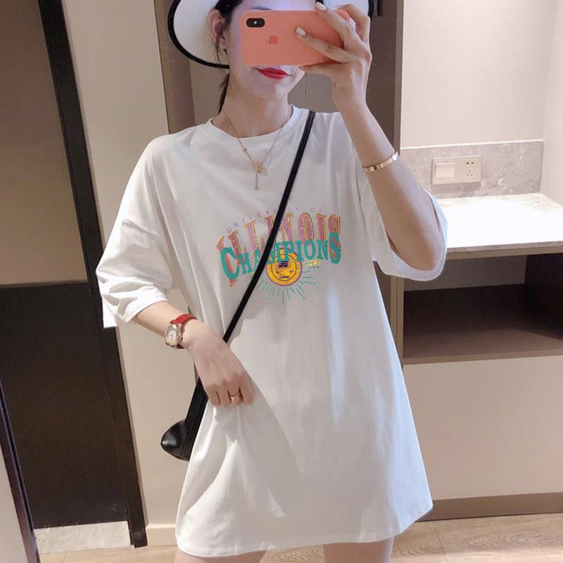 6韩版202夏下半身失踪粉色短袖印qbnl。。花恤t女休闲宽松长中版