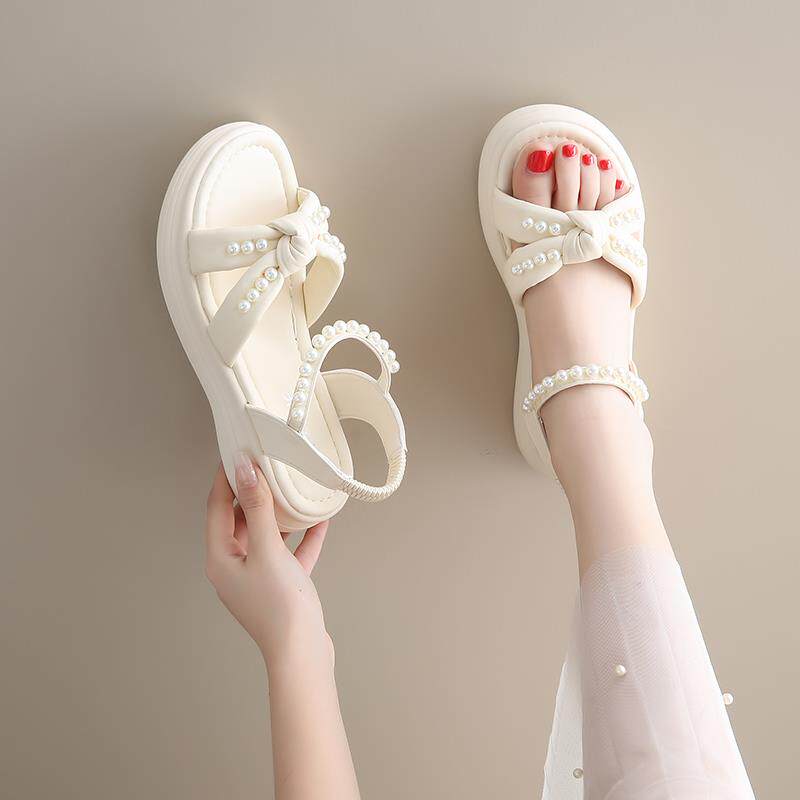 香港软底外穿凉鞋女士夏季2024年新款配裙子百搭珍珠平底小码女鞋