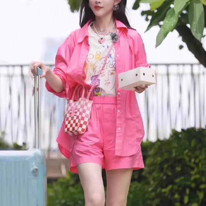 粉甜宽松中长版ZJ654132衬衫上衣高腰美短色裤尚休闲套装女春夏款