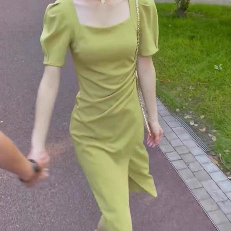 欧洲站夏季新款法式气质赫本风轻奢高级感纯欲修身包臀开叉连衣裙