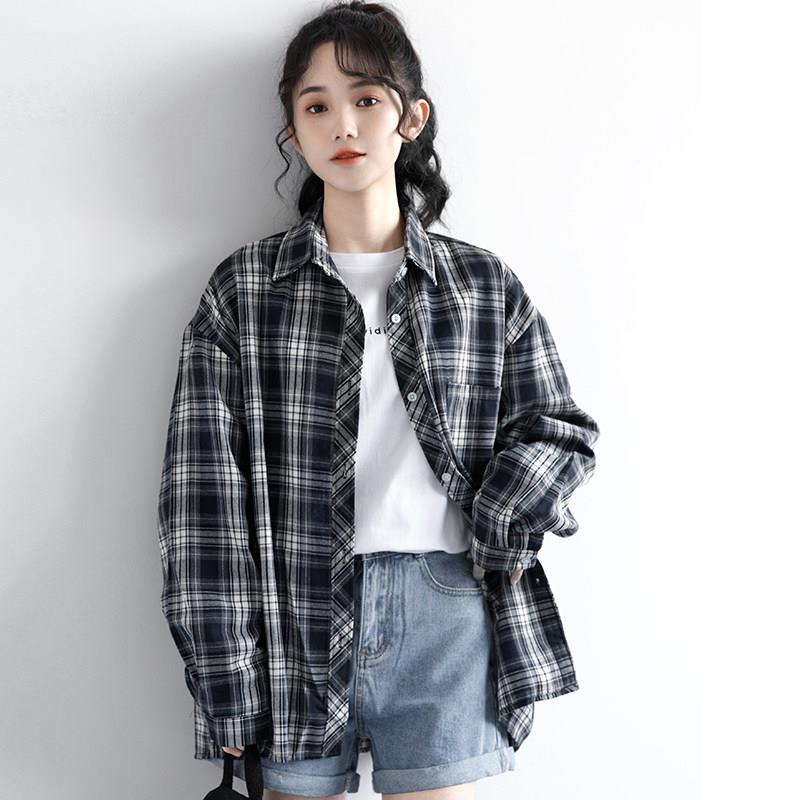 韩国2025款版黑新白格子长衬衫女春韩宽松慵袖懒风衬衫中长版GSJ