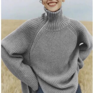 大表姐刘雯同款高领羊绒衫女慵懒风侧拉链宽松羊毛针织衫加厚毛衣