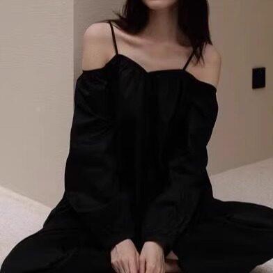 226新款夏女黑色套头宽松带露锁骨吊上衣小众季0纯欲露BTL肩长袖