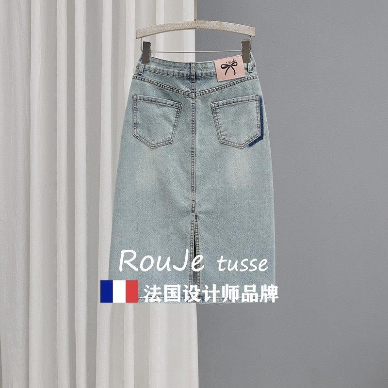 Rouje tsse夏季中长牛仔u裙女高腰浅色半身后开 叉包百搭78276030