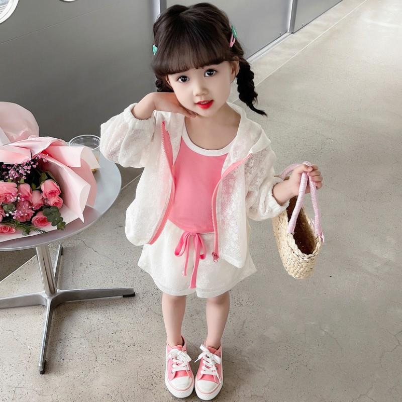 韩国女童夏季套装2024新款儿童洋气时髦背心防晒衣宝宝短裤三件套