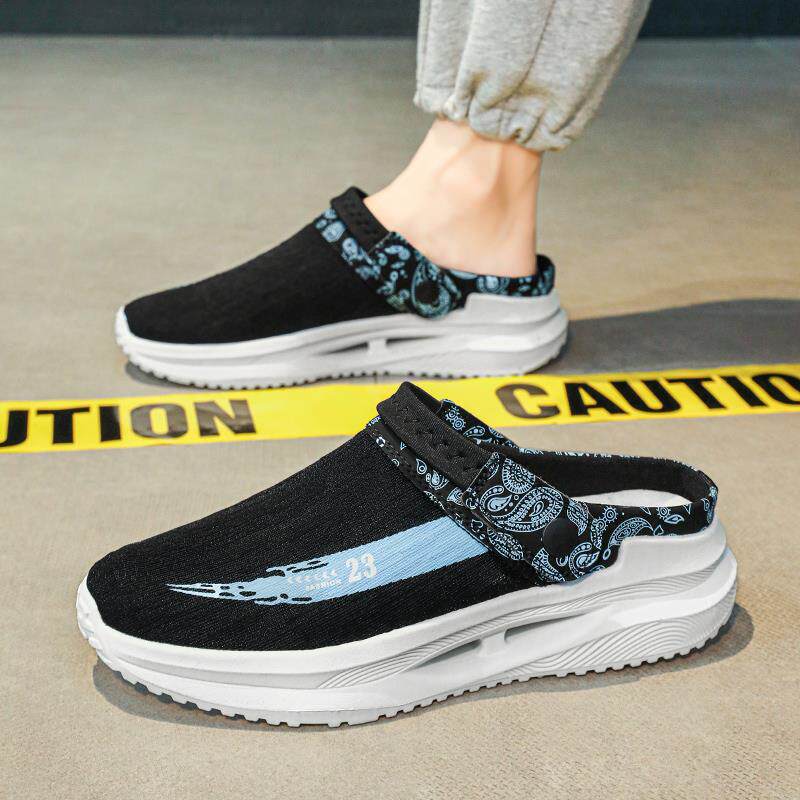 潮牌懒人一脚蹬帆布鞋男夏季无后跟防臭透气半拖鞋休闲百搭凉鞋子