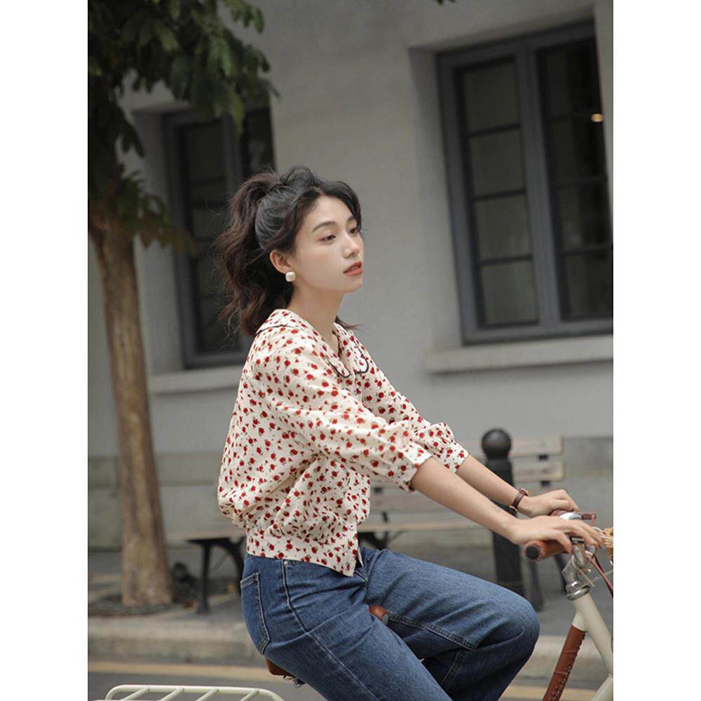 2025年新款仙女上衣超仙甜美短款红色碎花衬衫女春夏季设计感小众