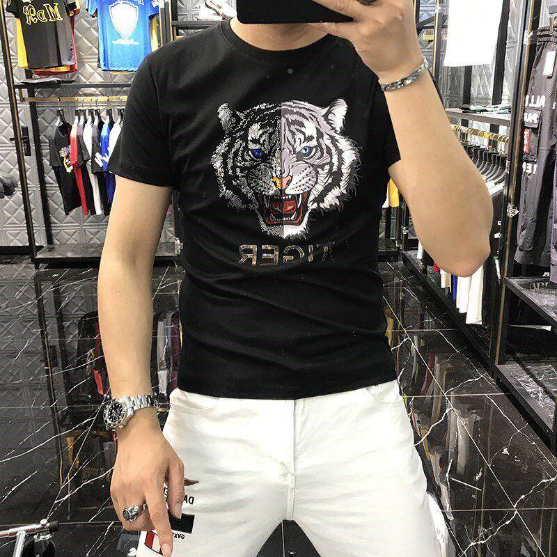 20220305香男士丝光棉短袖恤夏t季花新款韩版潮流港圆领烫钻虎头