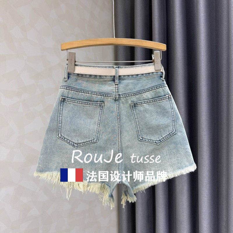 法直Rouje tusse牛仔短裤女阔夏显国瘦筒91867281牛仔裤高腰毛边