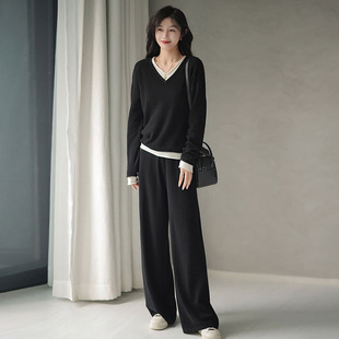 欧洲站2025秋冬新款时尚女装高级感阔腿裤针织套装两件套时髦洋气