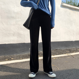 黑色金丝绒窄版阔腿裤子女裤2025秋冬新款高腰垂感加绒直筒小个子