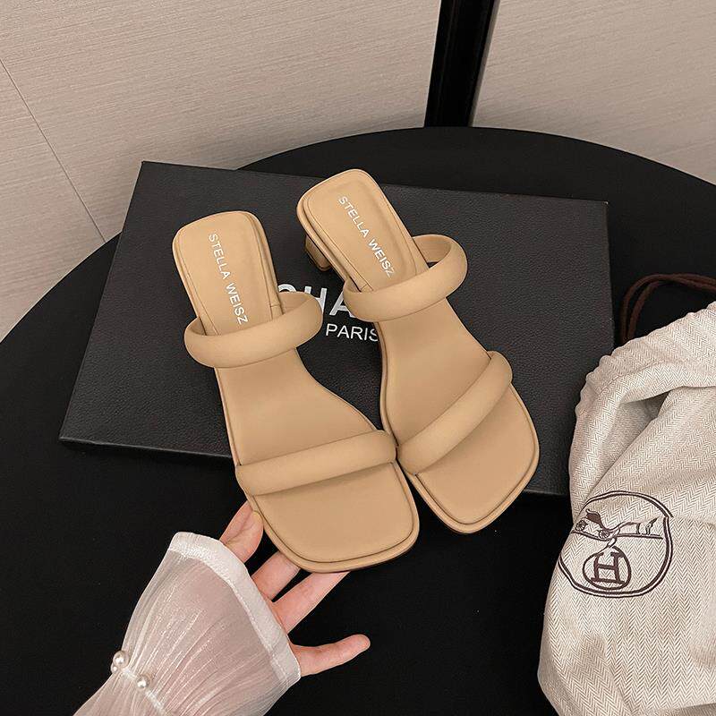 传祺女鞋~法式粗跟露趾凉鞋2025夏季新款高跟小众一字凉拖鞋外穿
