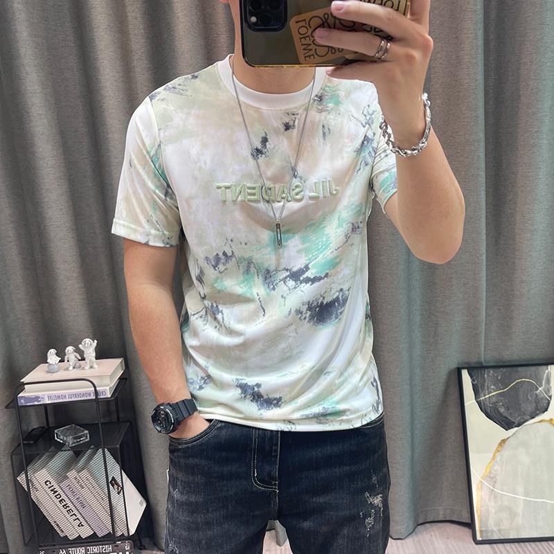 潮印花牌上衣青年半袖T恤衫衣短服冰丝袖AHZt恤男夏新款高端男季