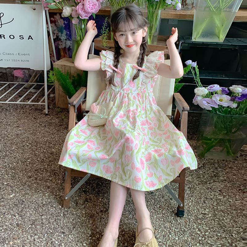 轻奢自留新款~女童碎花连衣裙2024夏季儿童洋气无袖小女孩公主裙