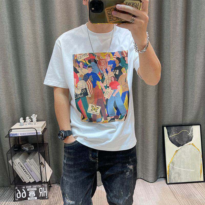 男潮牌高端男夏装季短新款上衣宽松青年半袖纯棉卡通印花袖ABMT恤