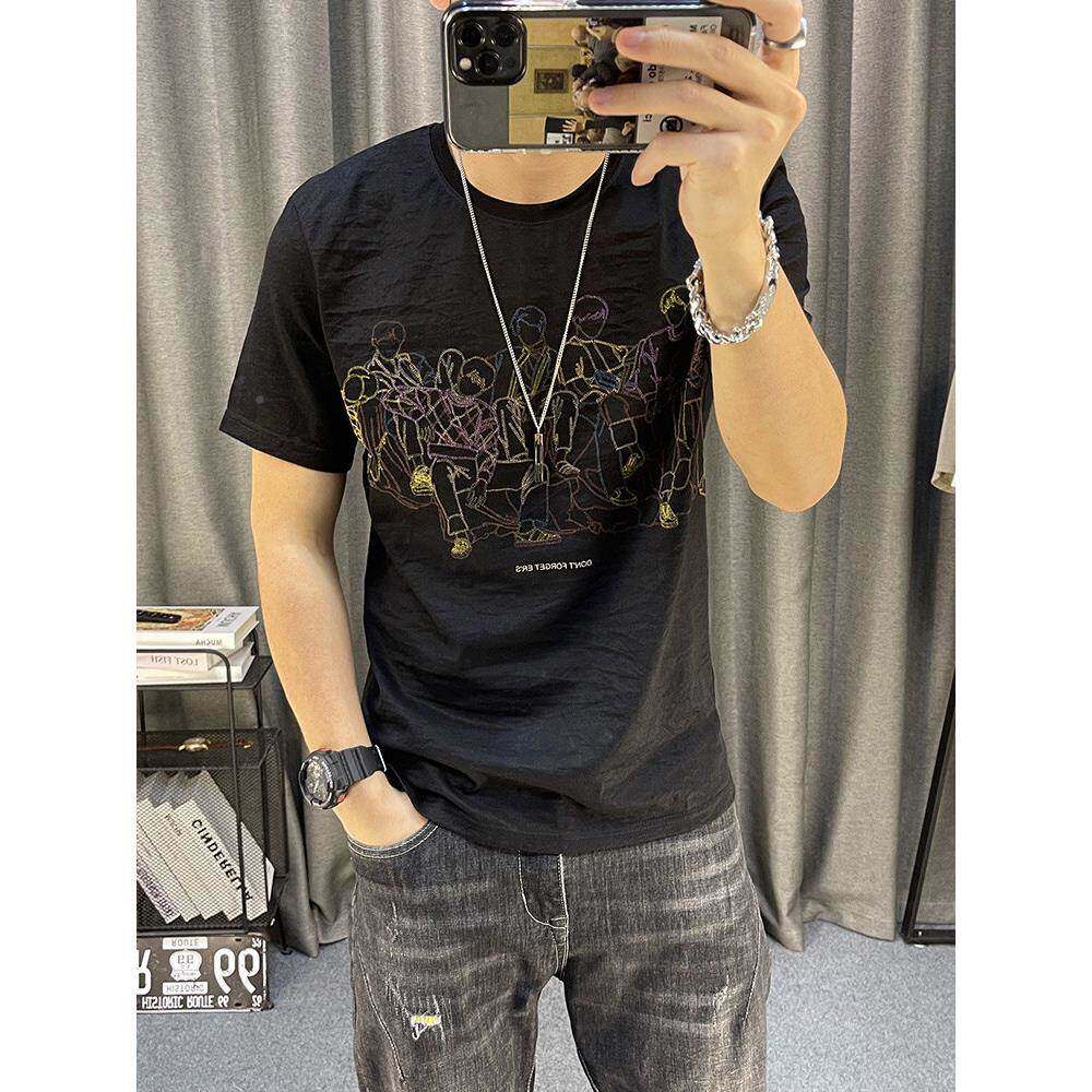 潮牌宽短袖上衣BOP服男夏季韩版通松半袖T恤卡印花棉麻面料亚麻
