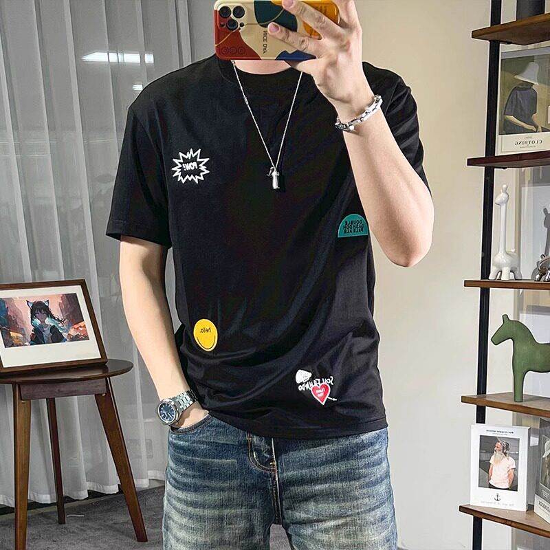 潮男夏新款卡通刺绣YKQ男士高端纯棉上衣修身青t年T牌恤衫短季袖