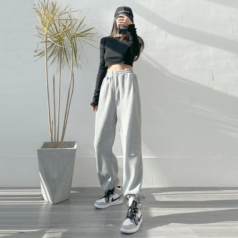 DEK韩国灰色运动裤女春款夏高垂感阔2腿裤025新小腰个子直筒休闲