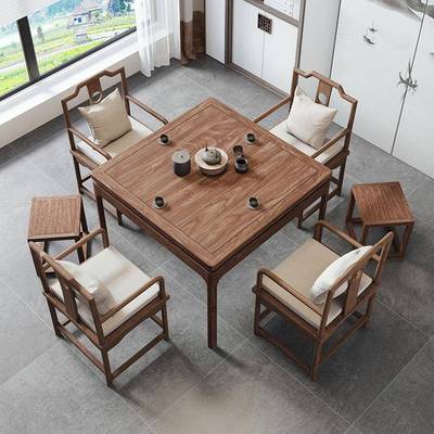 老榆木新中式纯实木餐桌椅小户型四方桌子原木八仙桌打牌掼蛋桌