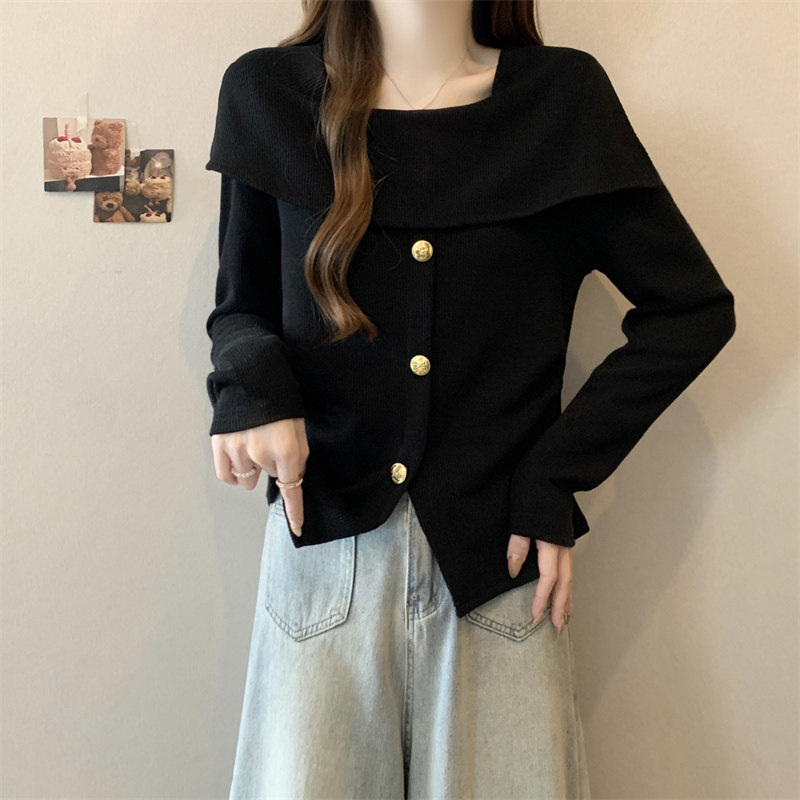 大码复古长袖针织衫女秋季高级感软糯打底衫胖MM遮肚子不规则上衣