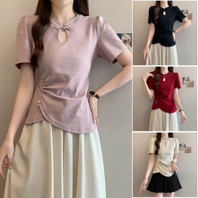 新中式不规则正肩短袖女t恤夏